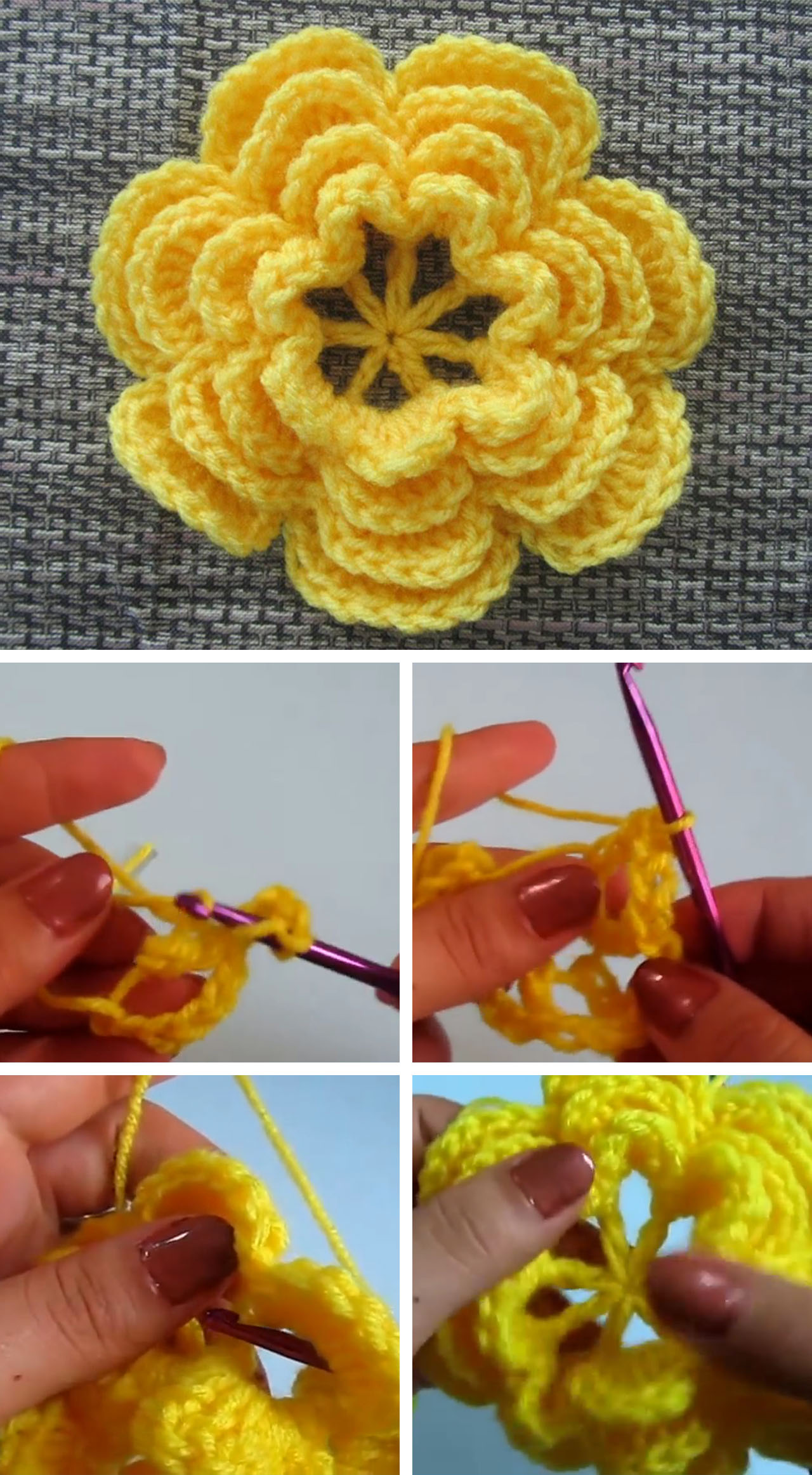 Yellow 3D Crochet Flower Tutorial