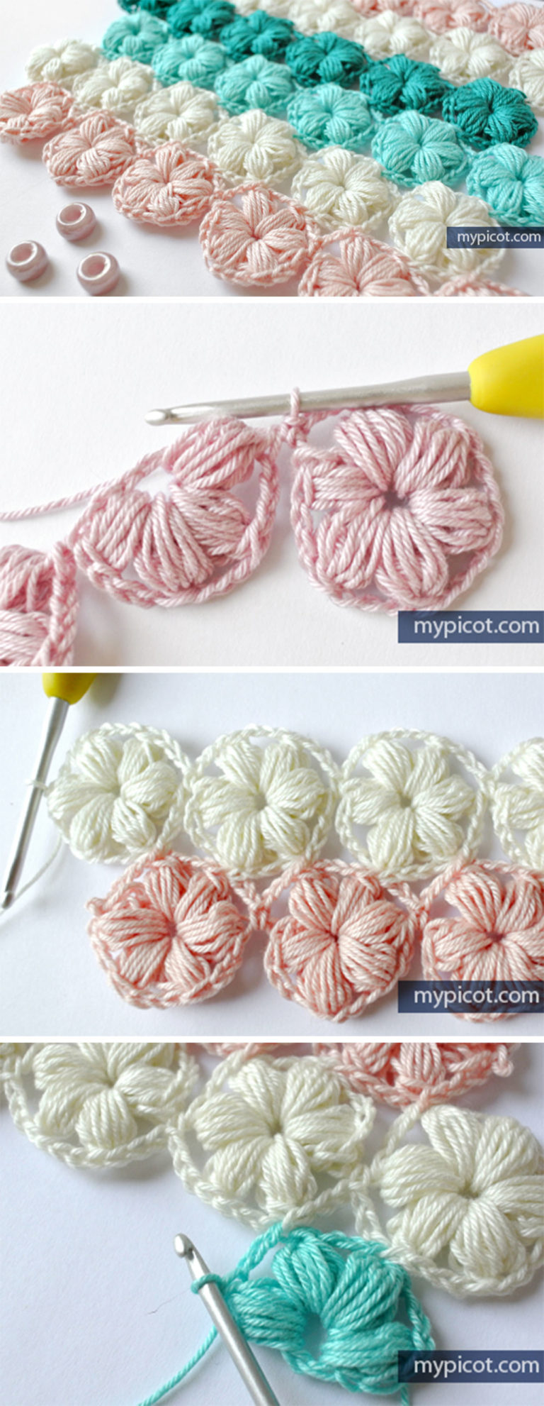 Learn To Crochet Flower Puff Stitch Pattern | CrochetBeja