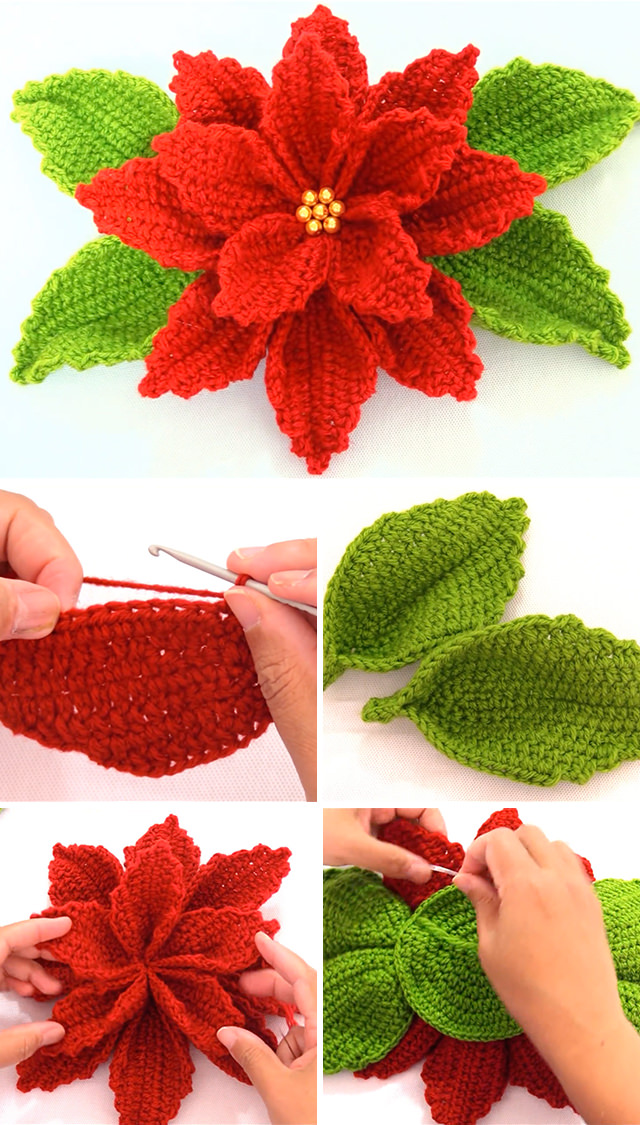 Poinsettia Crochet Flower Free Pattern Tutorial