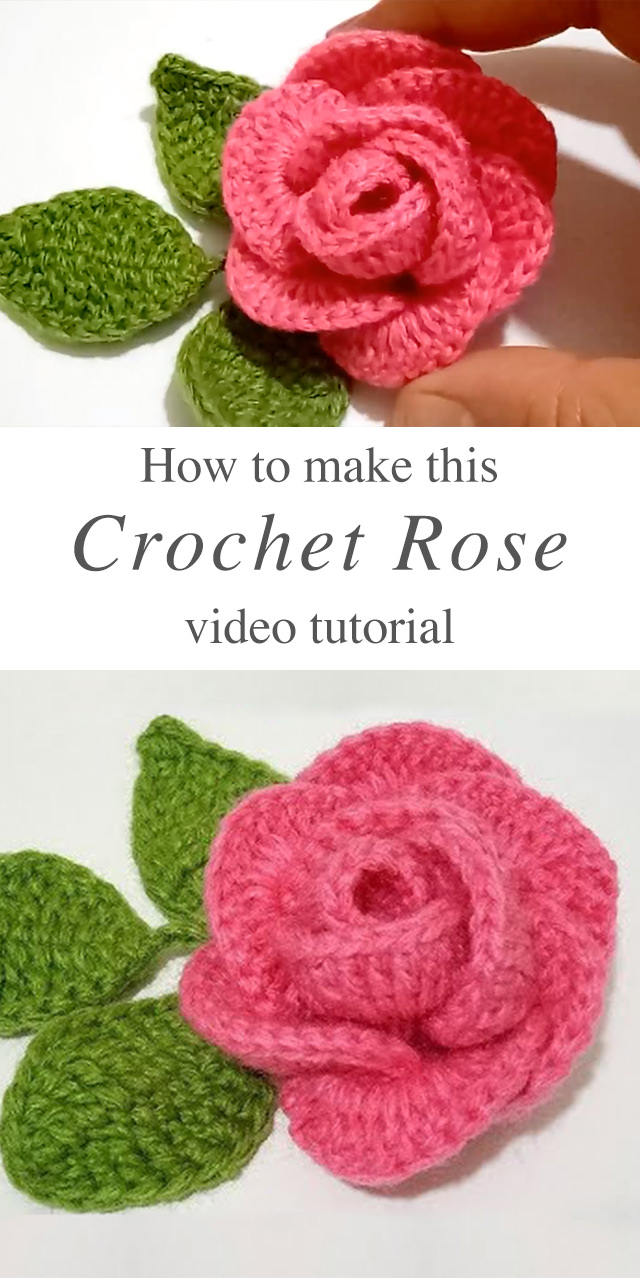 Crochet Rose - This lovely crochet rose with leaves is creative and decorative for many crochet projects. Crocheting a rose is fun, easy, and makes the perfect embellishment for accessories and more!