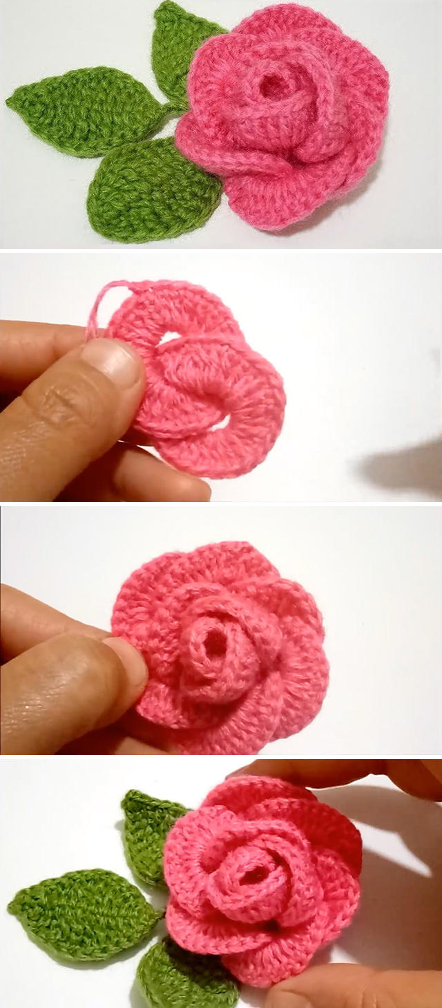 Crochet Rose Tutorial - This lovely crochet rose with leaves is creative and decorative for many crochet projects. Crocheting a rose is fun, easy, and makes the perfect embellishment for accessories and more!