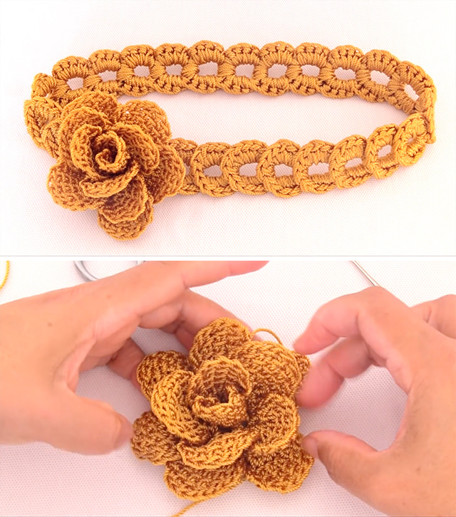 Flower Headband Sided - This tutorial covers how to create a beautiful crochet flower headband of braided rings. Making this seemingly complicated headband is actually very simple.