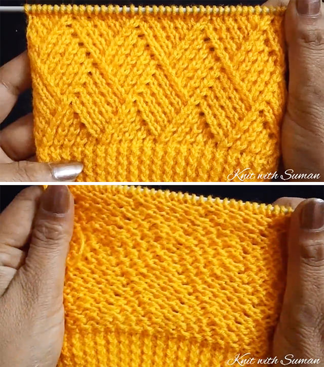 Barfi Stitch Sided - This knit Barfi stitch pattern is both a beautiful rhombus stitch that makes a lovely square! There are unlimited knitting projects that you can make with this stitch.