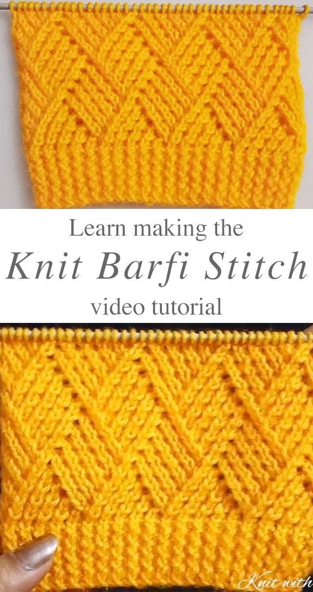 Knit Barfi Stitch - This knit Barfi stitch pattern is both a beautiful rhombus stitch that makes a lovely square! There are unlimited knitting projects that you can make with this stitch.