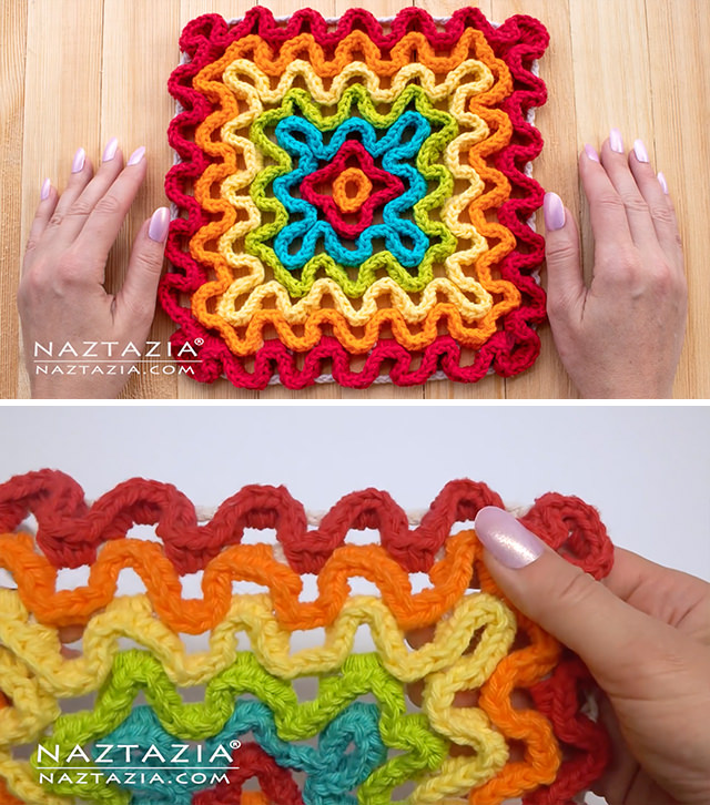 Crochet Pad Sided - Learn how to make this colourful crochet wavy pad. Watch the free English video tutorial for a full step by step tutorial on how to make a lovely wavy pad.
