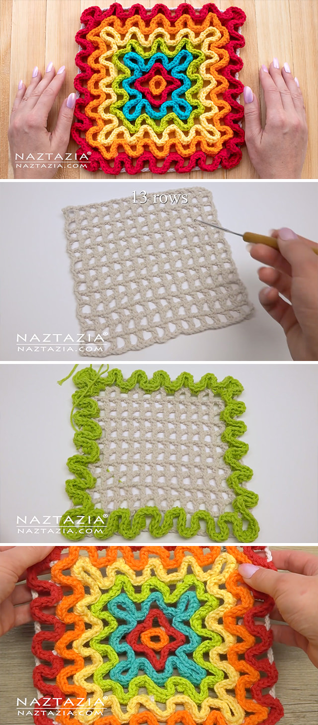 Crochet Pad - Learn how to make this colourful crochet wavy pad. Watch the free English video tutorial for a full step by step tutorial on how to make a lovely wavy pad.