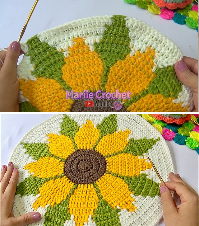 Crochet Sunflower Coaster Sided - Learn how to make the beautiful crochet sunflower coaster for year round holidays and celebrations. Watch this free video tutorial in English subtitles to learn how to easily make this coaster.