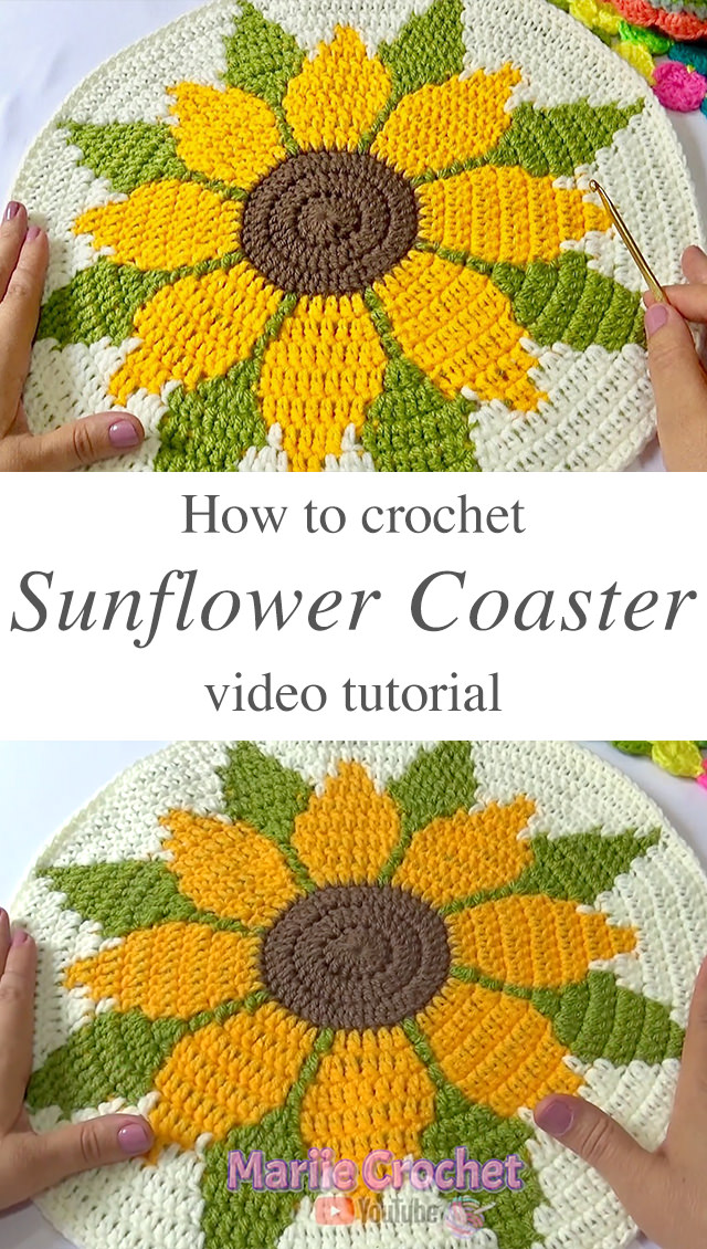 Crochet Sunflower Coaster - Learn how to make the beautiful crochet sunflower coaster for year round holidays and celebrations. Watch this free video tutorial in English subtitles to learn how to easily make this coaster.