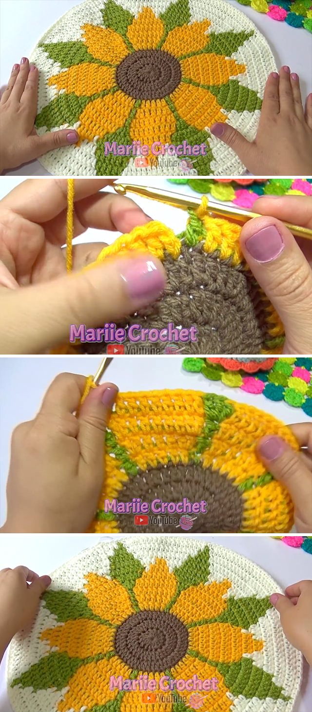 Crochet Sunflower Sousplat - Learn how to make the beautiful crochet sunflower coaster for year round holidays and celebrations. Watch this free video tutorial in English subtitles to learn how to easily make this coaster.