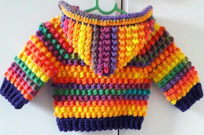 Crochet Baby Hoodie Featured Image - Make this beautiful crochet baby hoodie for any special child in your life. This hoodie is so easy and fun to crochet, and it has the bobble or goosebump stitch.