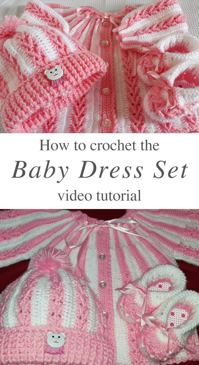 Crochet Baby Dress Set - This lovely video tutorial can be watched in English subtitles to learn how to make the crochet baby dress set. Keep reading for sizes and tips on making these baby dresses.