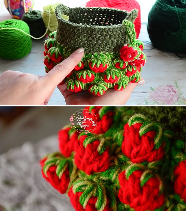 Crochet Strawberries Basket Sided - Learn how to work this beautifully unique crochet strawberries basket by watching this step by step free video tutorial in English subtitles! Keep reading for tips on how to make it!