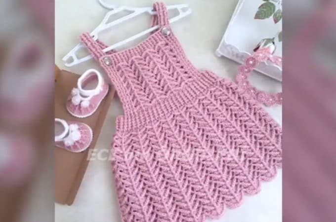Crochet Dress For Baby Girl Featured - Make this beautiful crochet dress for baby girl in your life. Watch this tutorial in translated English subtitles to learn how to make this beautiful crochet baby dress.