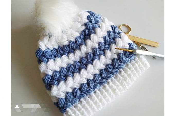 Puff Stitch Hat Featured - This video tutorial in English subtitles covers how to create a beautiful puff stitch crochet hat. You can make a unisex fashionable crochet beanie  for children!
