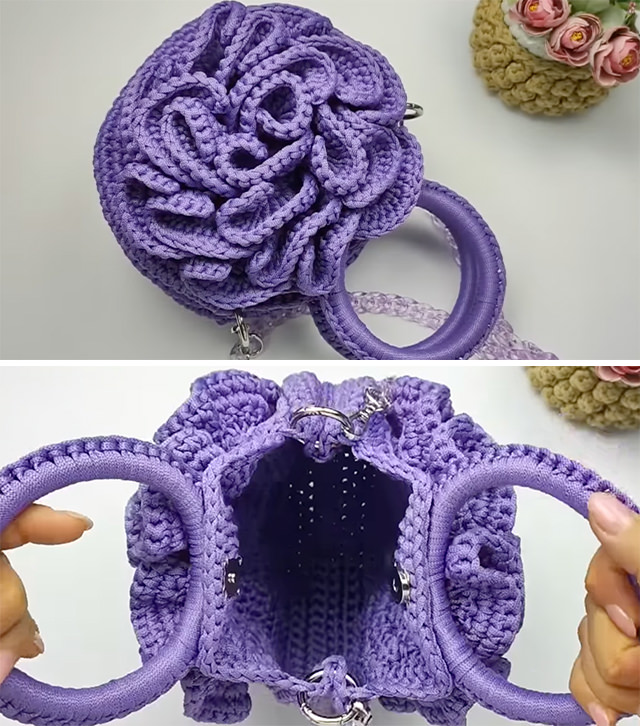 Crochet Peony Bag Sided - Embrace the beauty of nature with the artistry of crochet by creating your very own crochet peony bag.