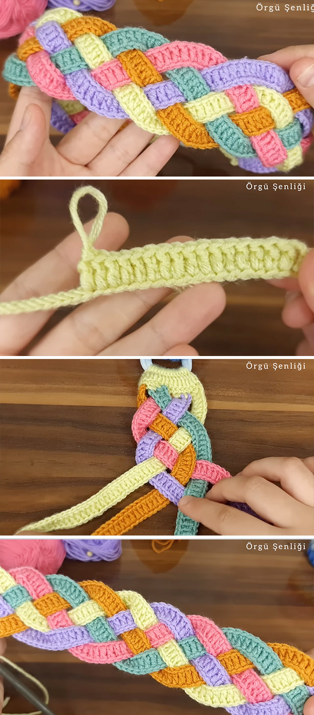 Crochet Hair Band Tutorial - Elevate your style with a touch of handmade elegance by making a unique crochet hair band featuring interwoven straps in vibrant colors.