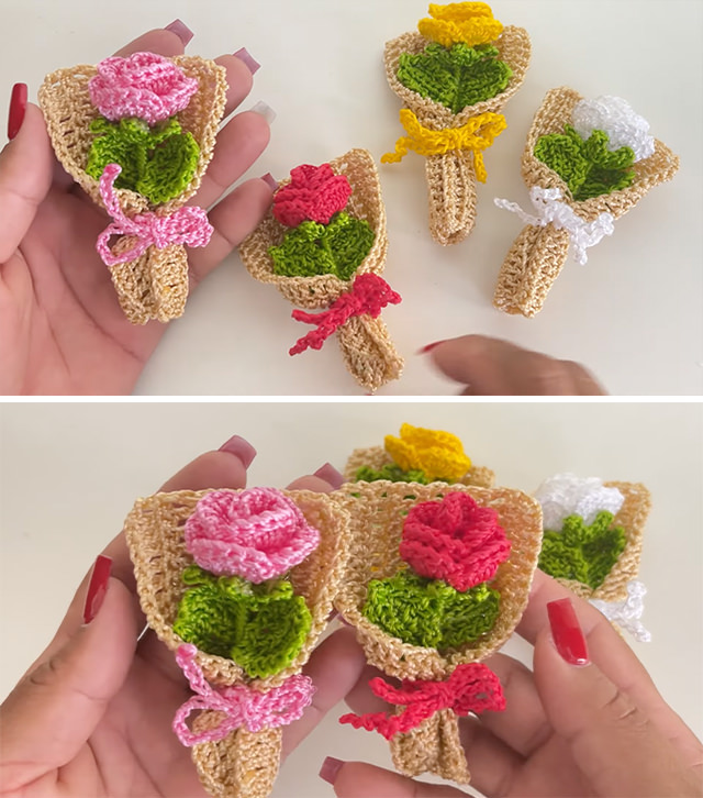 Crochet Mini Bouquet Sided - There’s something incredibly charming about a handmade crochet mini bouquet. With a blend of intricate stitches and vibrant yarn colors, you can craft a stunning bouquet that never wilts!