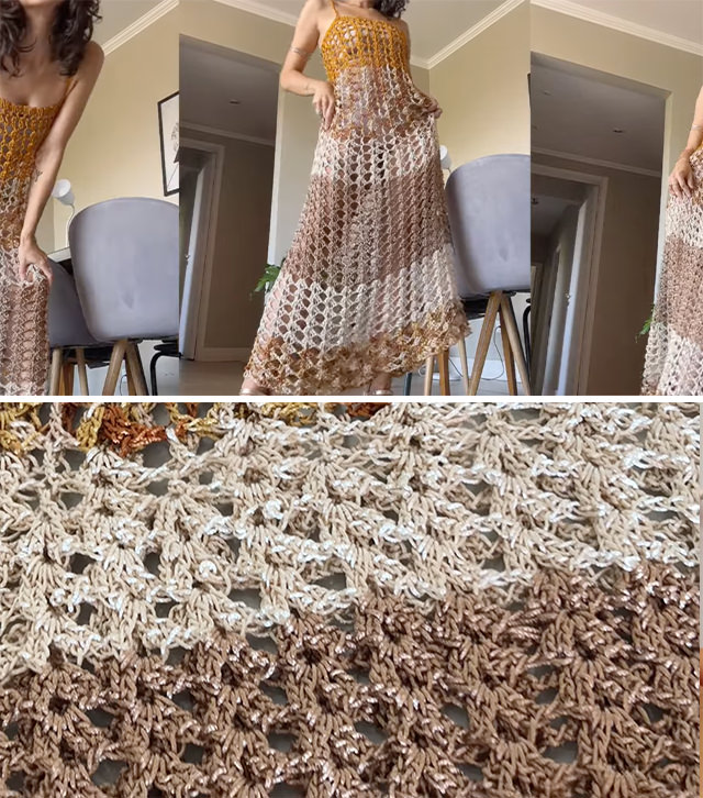 Tığ İşi Uzun Elbise Yanları - Tığ işi uzun elbise bir tür sihir barındırır: havadar doku, akıcı hareket ve her vücut tipine yakışan zamansız bir silüet.